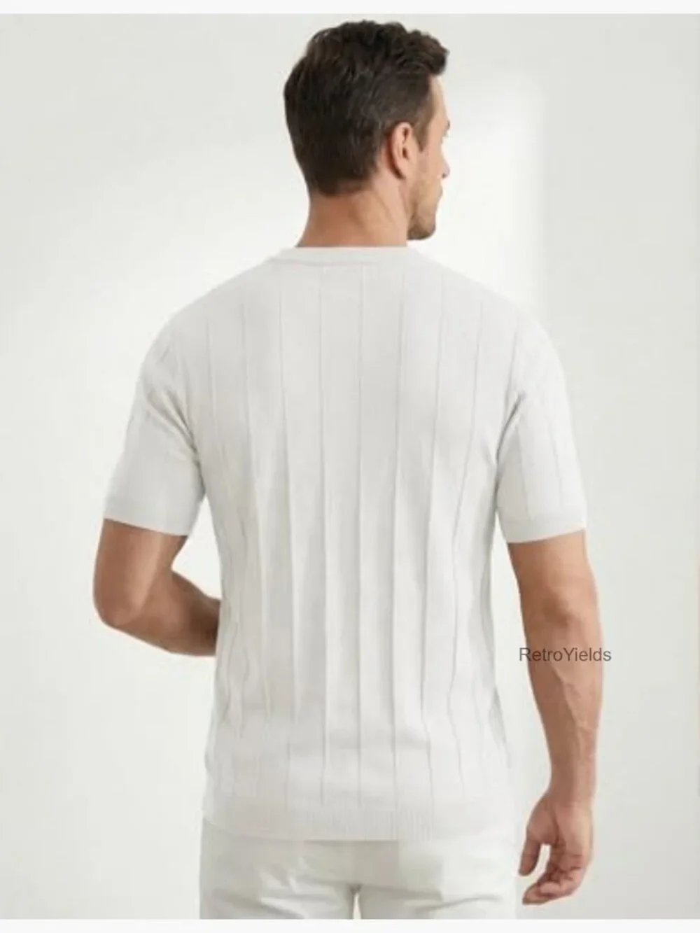 Mens V Neck Knit Shirt Short Sleeve Ribbed Pullover Casual T Shirt - Picture 4 of 7